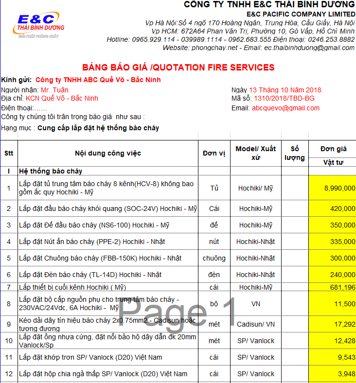 bảng báo giá lắp đặt hệ thống pccc